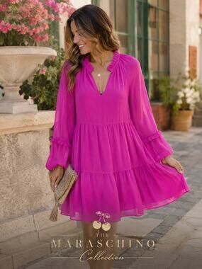 Vince Camuto Orchid Pink Tiered Mini Dress Ruffled Long Sleeve Boho Barbiecore L